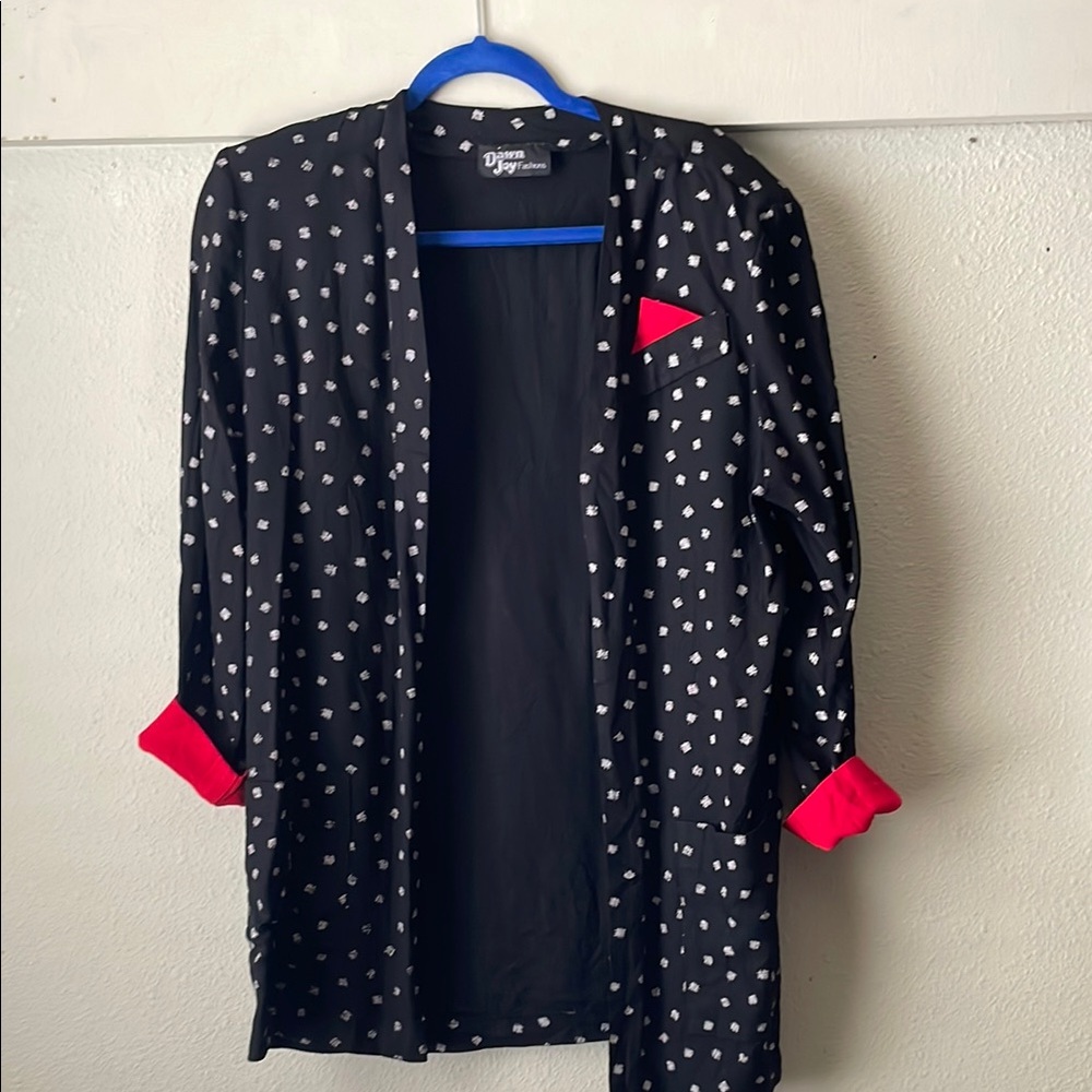 Vintage Dawn Joy Fashions open front blazer jacket with red accents